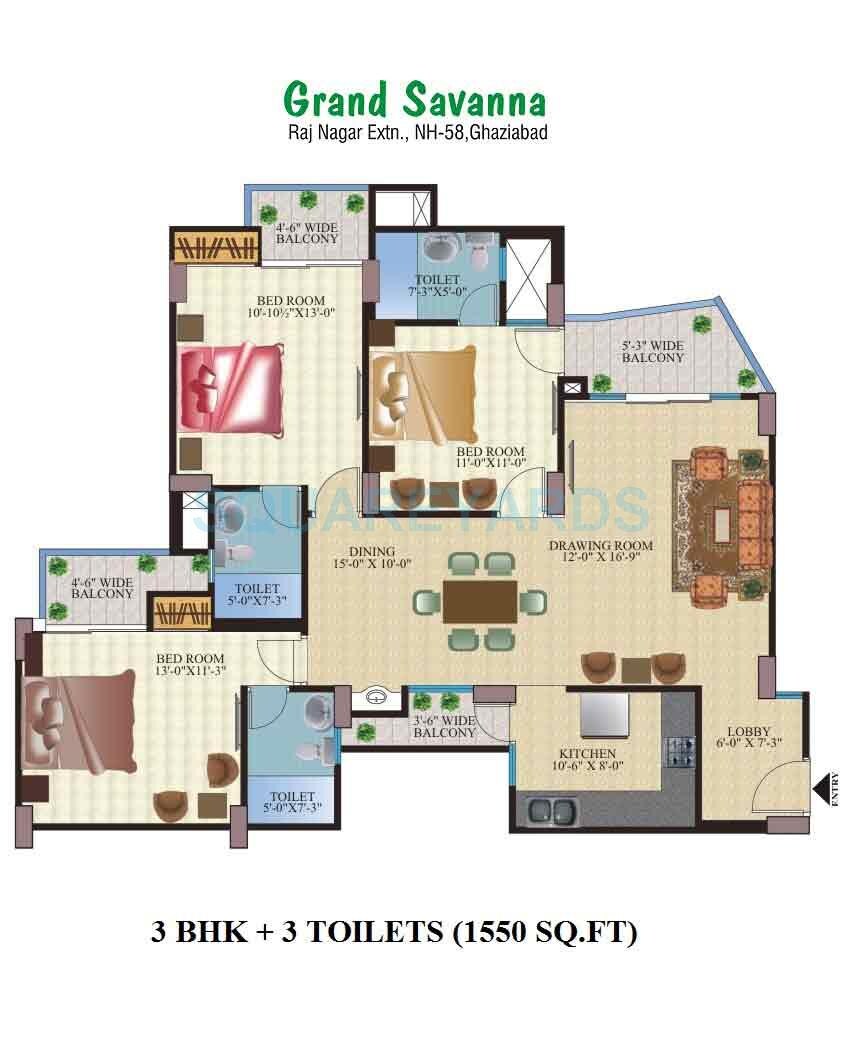 Floor plan of 3 BHK 1550 Sq. Ft. Apartment in KDP Grand Savanna, Ghaziabad