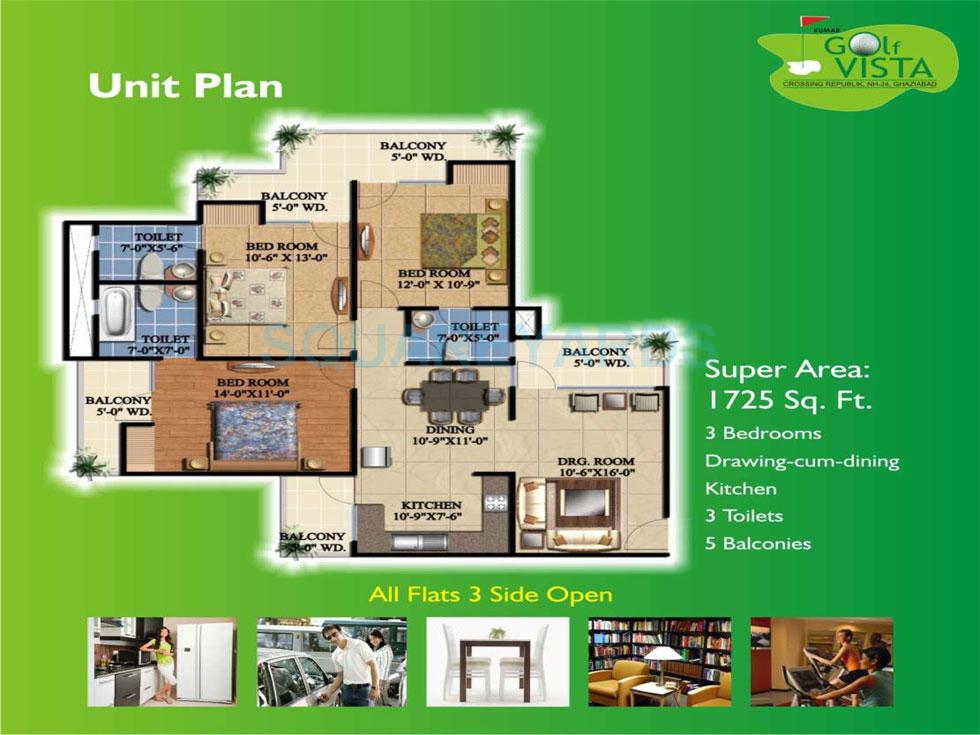 Floor plan of 3 BHK 1725 Sq. Ft. Apartment in Keltech Golf Vista, Ghaziabad