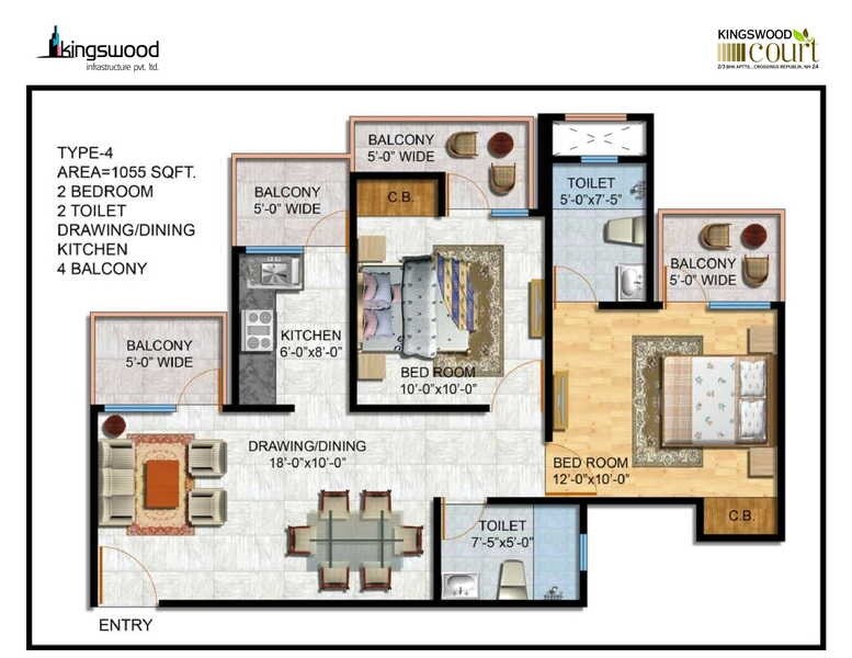 Floor plan of 2 BHK 1055 Sq. Ft. Apartment in Kingswood Court, Ghaziabad
