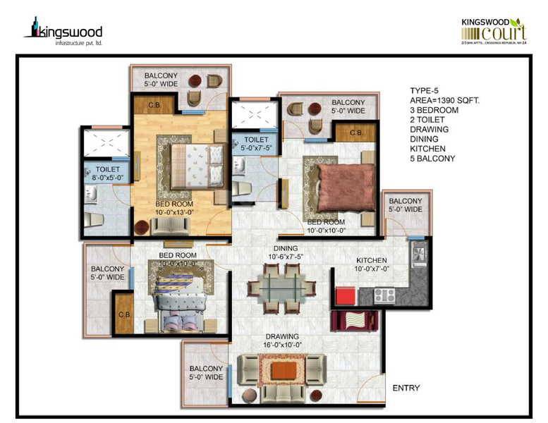 Floor plan of 3 BHK 1390 Sq. Ft. Apartment in Kingswood Court, Ghaziabad