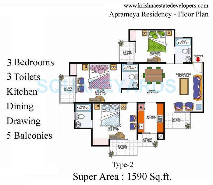 Floor plan of 3 BHK 1590 Sq. Ft. Apartment in Krishna Aprameya Residency, Ghaziabad