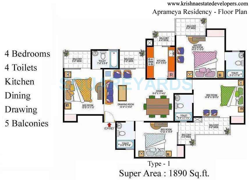 Floor plan of 4 BHK 1890 Sq. Ft. Apartment in Krishna Aprameya Residency, Ghaziabad