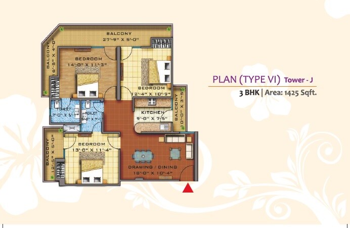 Floor plan of 3 BHK 1425 Sq. Ft. Apartment in KW Srishti, Ghaziabad