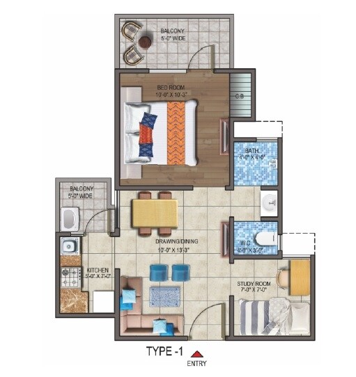 Floor plan of 1 BHK 532 Sq. Ft. Apartment in Land Craft Metro Homes Phase 1, Ghaziabad