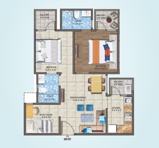 Floor plan of 2 BHK 950 Sq. Ft. Apartment in Land Craft Metro Homes Phase 1, Ghaziabad
