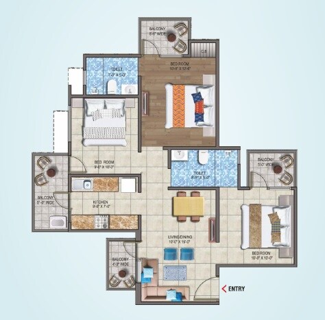 Floor plan of 3 BHK 1150 Sq. Ft. Apartment in Land Craft Metro Homes Phase 1, Ghaziabad