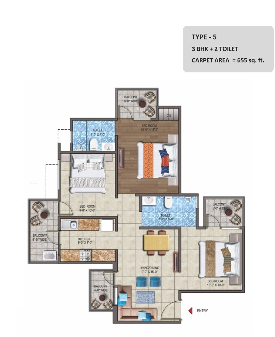 3 BHK 988 Sq. Ft. Apartment