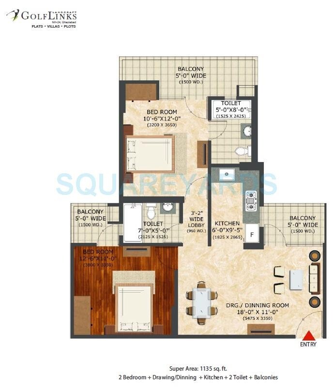 Floor plan of 2 BHK 1135 Sq. Ft. Apartment in Landcraft Golf Links, Ghaziabad