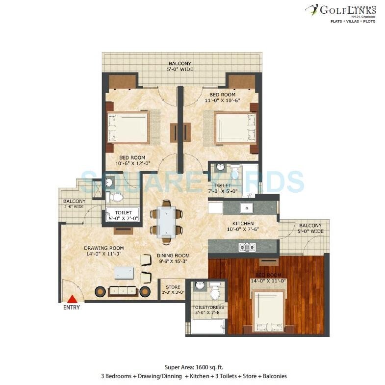 Floor plan of 3 BHK 1600 Sq. Ft. Apartment in Landcraft Golf Links, Ghaziabad