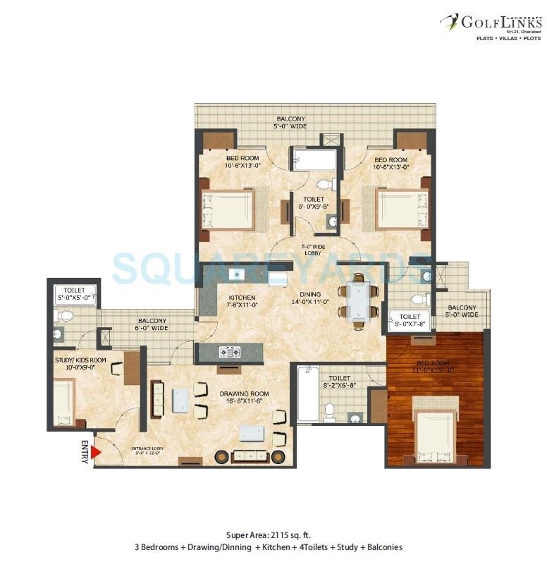 Floor plan of 3 BHK 2115 Sq. Ft. Apartment in Landcraft Golf Links, Ghaziabad