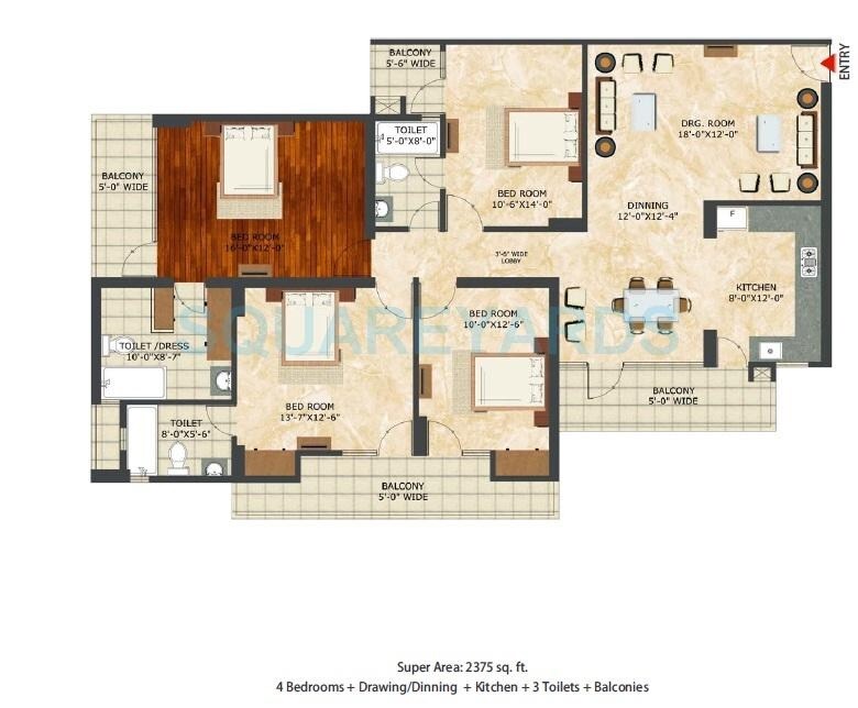 Floor plan of 4 BHK 2375 Sq. Ft. Apartment in Landcraft Golf Links, Ghaziabad