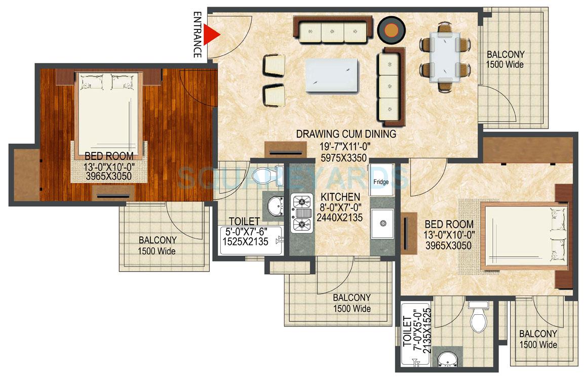 Floor plan of 2 BHK 1135 Sq. Ft. Apartment in LandCraft River Heights, Ghaziabad
