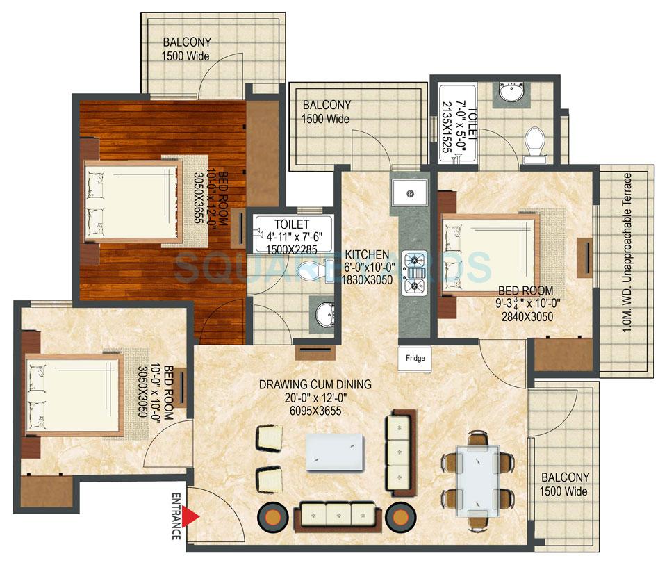Floor plan of 3 BHK 1115 Sq. Ft. Apartment in LandCraft River Heights, Ghaziabad