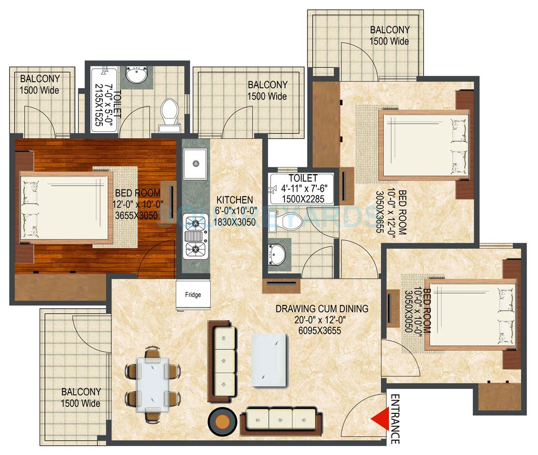 Floor plan of 3 BHK 1340 Sq. Ft. Apartment in LandCraft River Heights, Ghaziabad