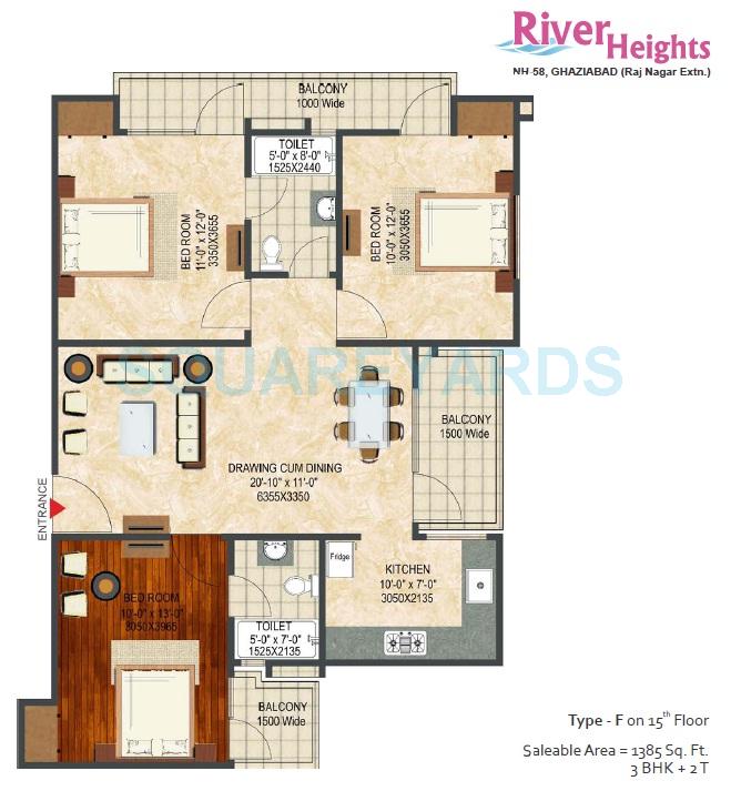 Floor plan of 3 BHK 1385 Sq. Ft. Apartment in LandCraft River Heights, Ghaziabad