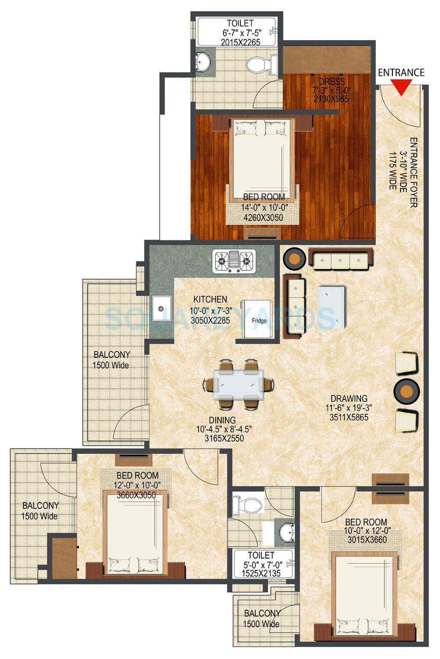 Floor plan of 3 BHK 1590 Sq. Ft. Apartment in LandCraft River Heights, Ghaziabad