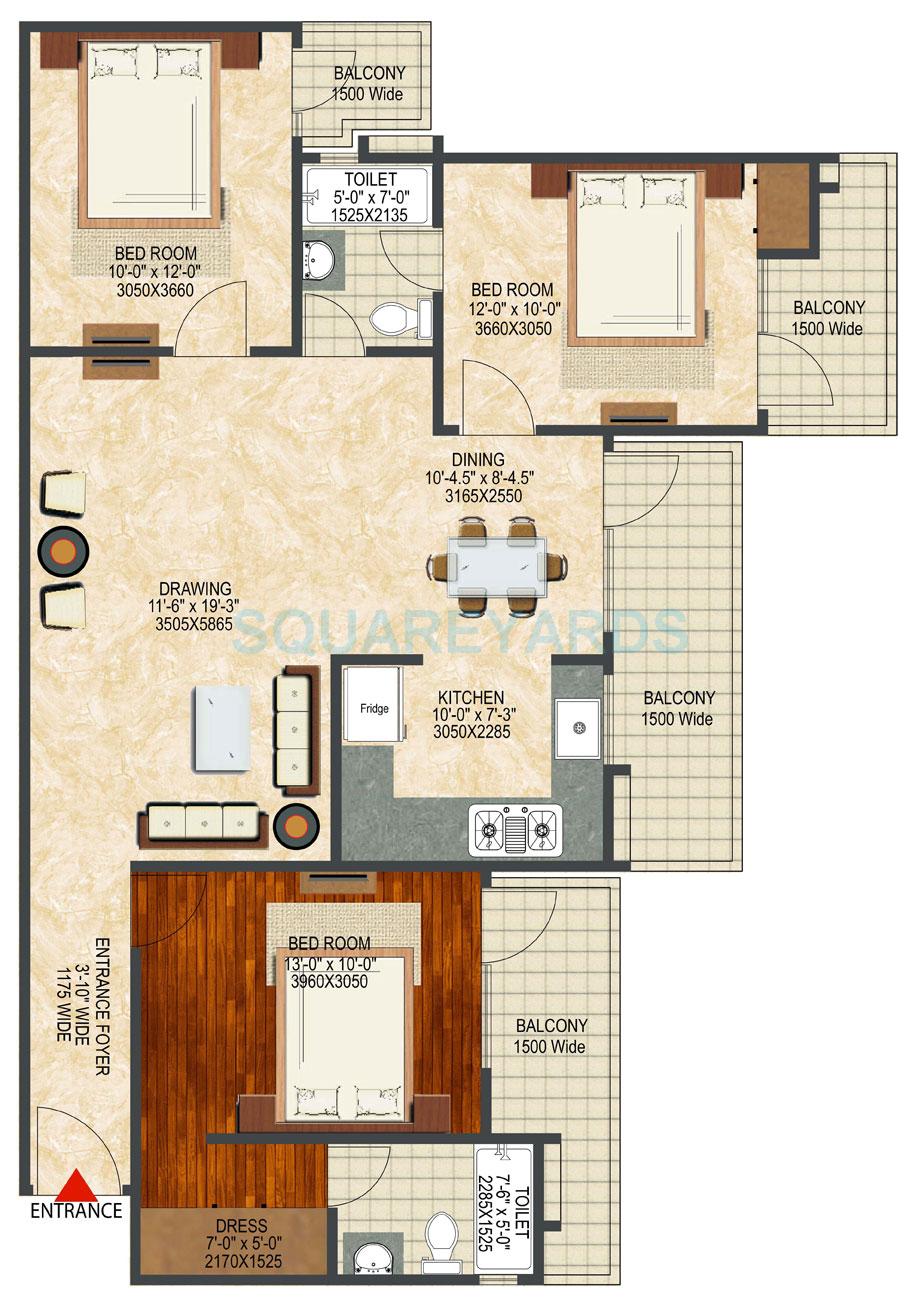 Floor plan of 3 BHK 1665 Sq. Ft. Apartment in LandCraft River Heights, Ghaziabad