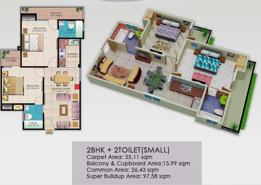 Floor plan of 2 BHK 1050 Sq. Ft. Apartment in LR Bluemoon Homes, Ghaziabad