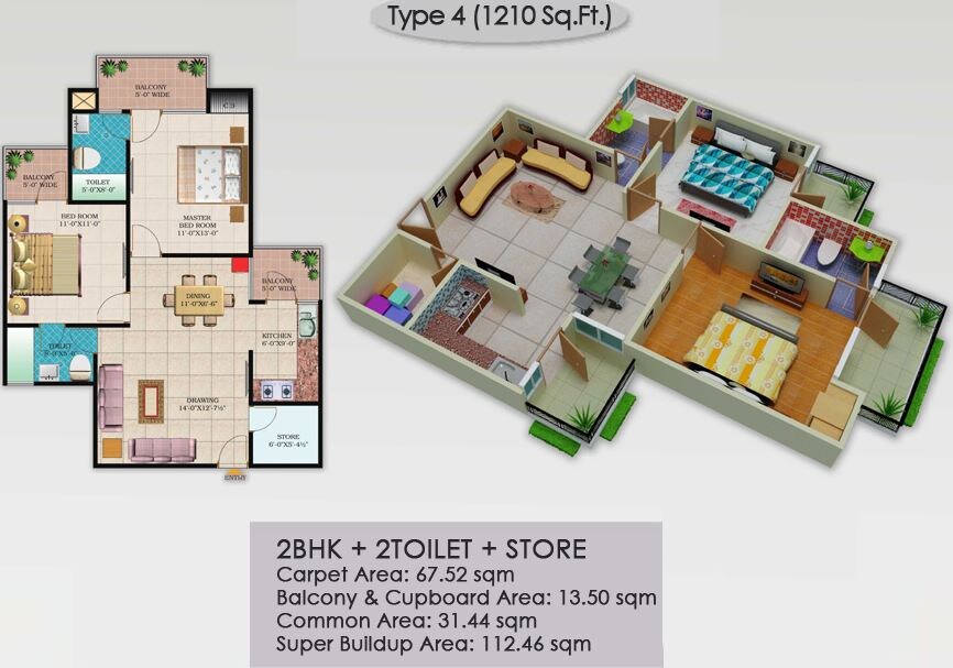 Floor plan of 2 BHK 1210 Sq. Ft. Apartment in LR Bluemoon Homes, Ghaziabad