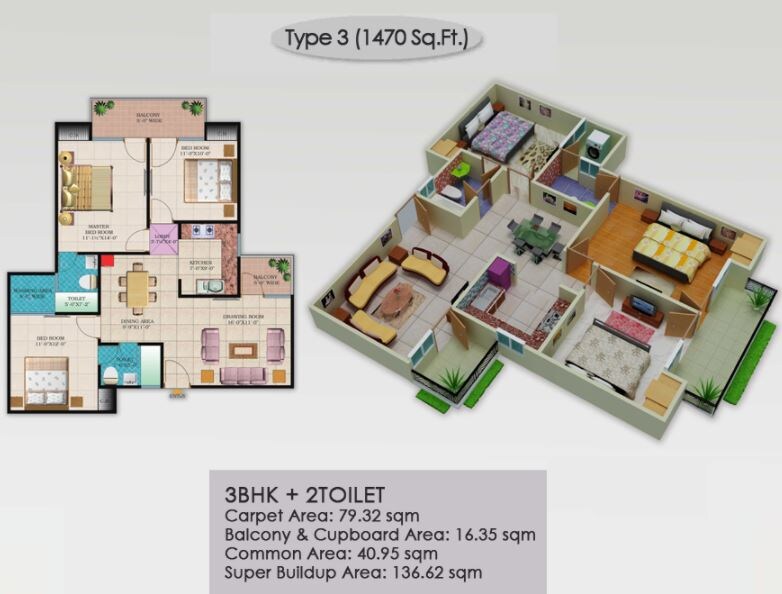 Floor plan of 3 BHK 1470 Sq. Ft. Apartment in LR Bluemoon Homes, Ghaziabad