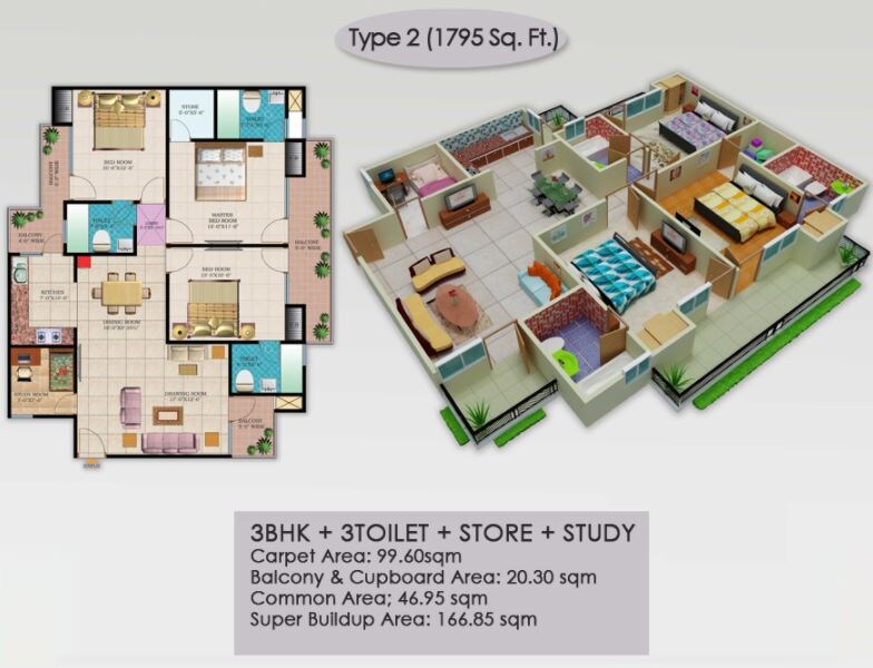 Floor plan of 3 BHK 1795 Sq. Ft. Apartment in LR Bluemoon Homes, Ghaziabad