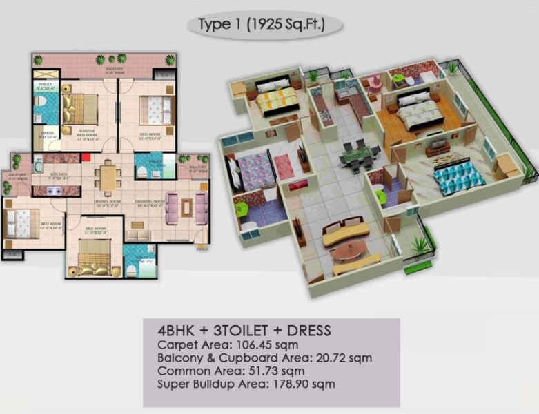 Floor plan of 4 BHK 1925 Sq. Ft. Apartment in LR Bluemoon Homes, Ghaziabad