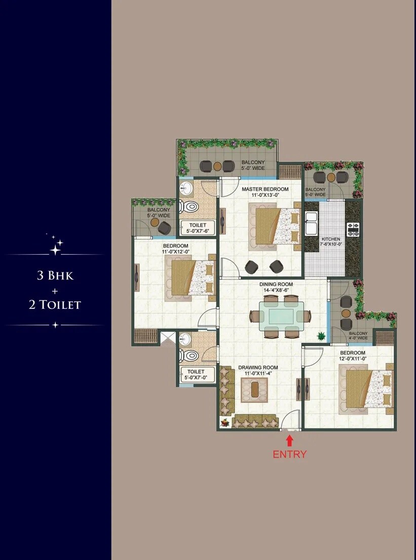 Floor plan of 3 BHK 1492 Sq. Ft. Apartment in M R Platinum 321, Ghaziabad