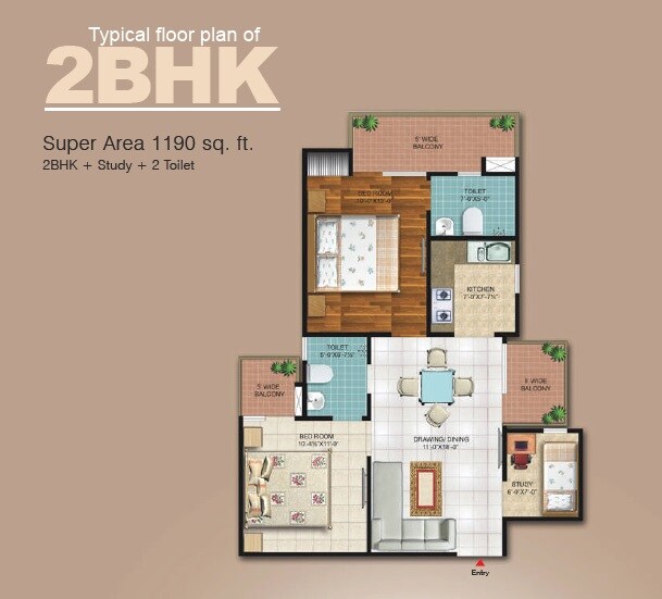 Floor plan of 2 BHK 1190 Sq. Ft. Apartment in Magnum Oasis Green, Ghaziabad