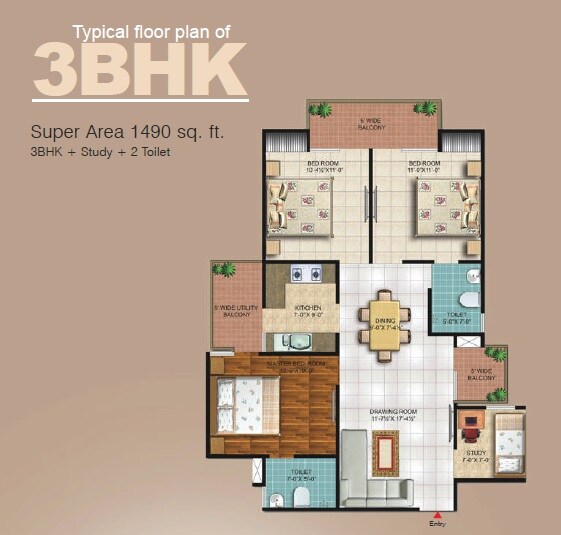 Floor plan of 3 BHK 1490 Sq. Ft. Apartment in Magnum Oasis Green, Ghaziabad
