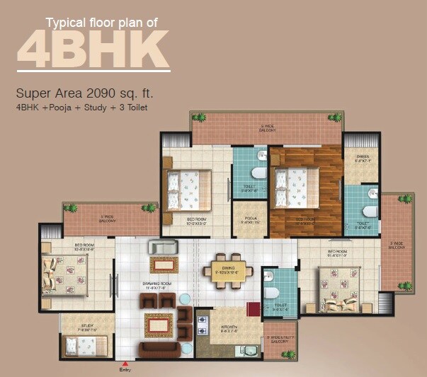Floor plan of 4 BHK 2090 Sq. Ft. Apartment in Magnum Oasis Green, Ghaziabad