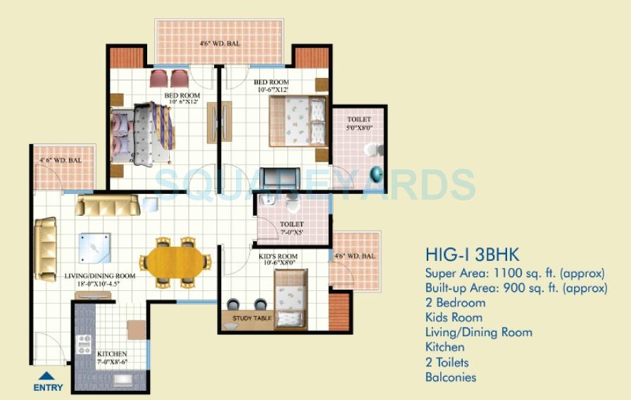 Floor plan of 2 BHK 1100 Sq. Ft. Apartment in Mahagun Mahagunpuram, Ghaziabad