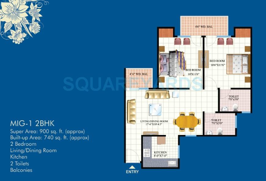 Floor plan of 2 BHK 900 Sq. Ft. Apartment in Mahagun Mahagunpuram, Ghaziabad