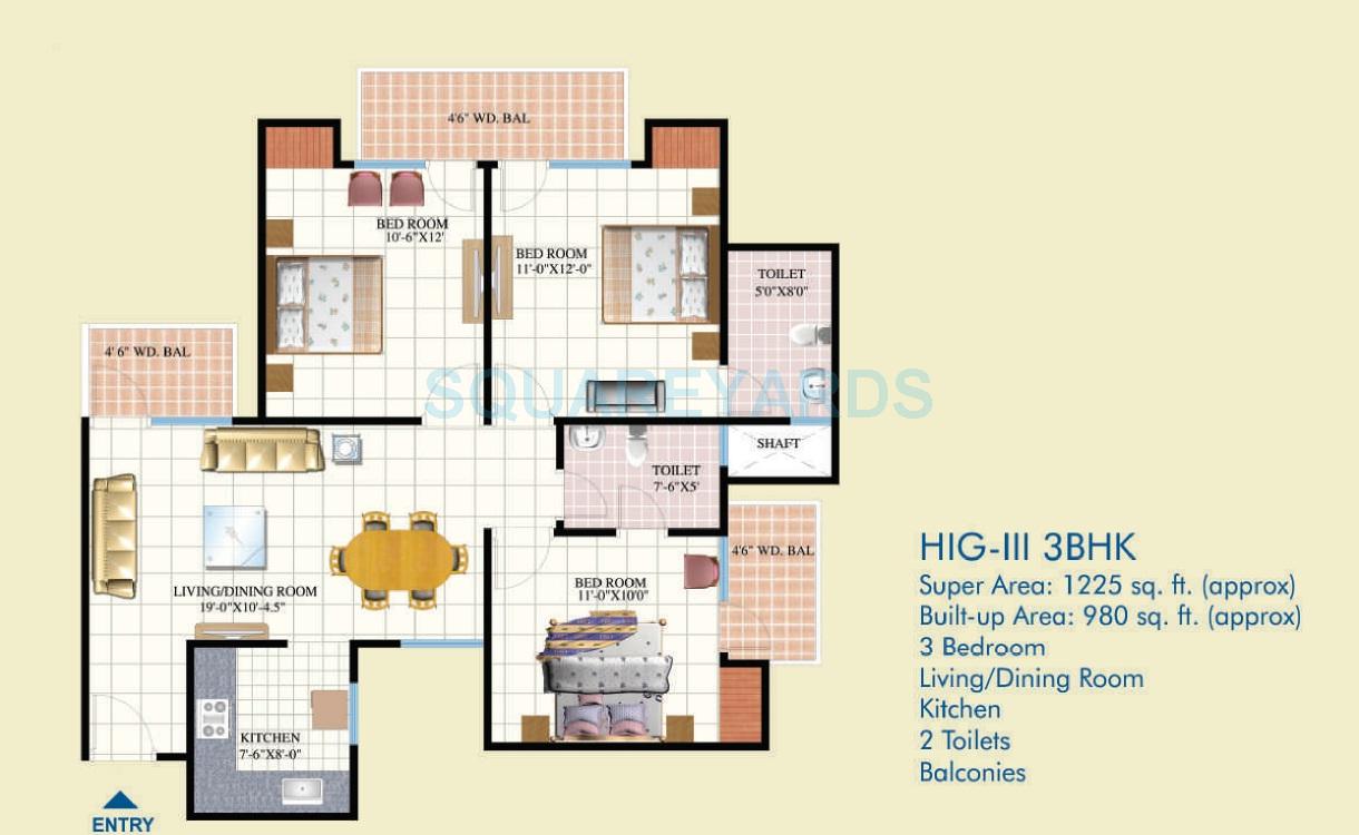 Floor plan of 3 BHK 1225 Sq. Ft. Apartment in Mahagun Mahagunpuram, Ghaziabad