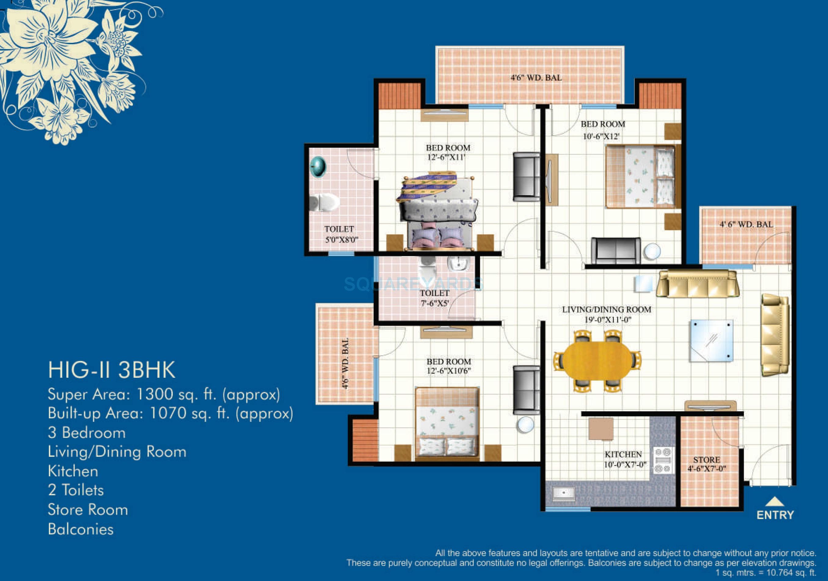 Floor plan of 3 BHK 1300 Sq. Ft. Apartment in Mahagun Mahagunpuram, Ghaziabad