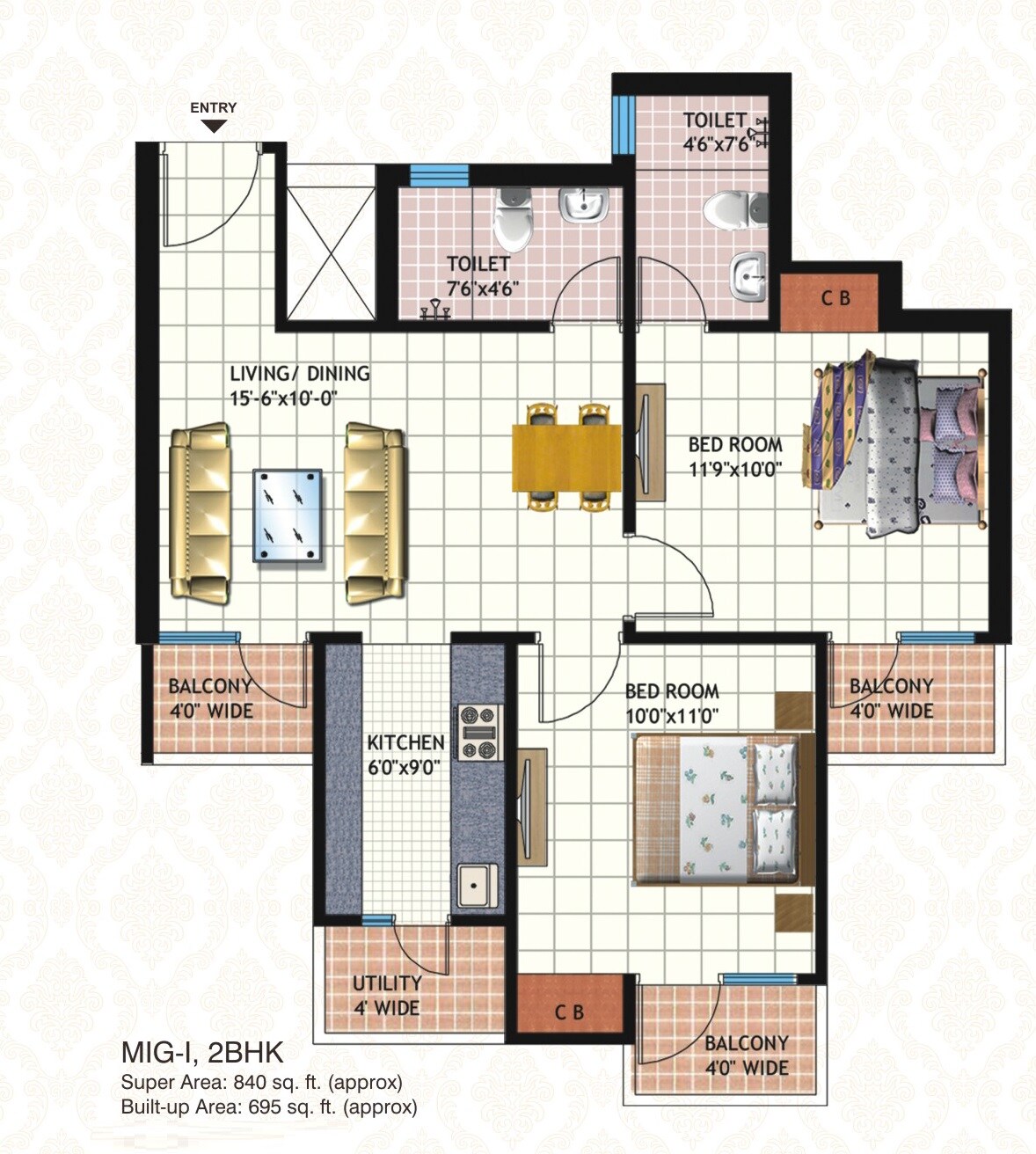 Floor plan of 2 BHK 840 Sq. Ft. Apartment in Mahagun Mahagunpuram II, Ghaziabad