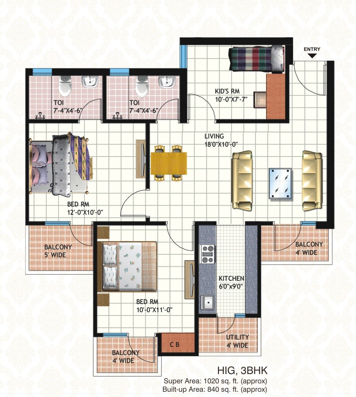 Floor plan of 2 BHK 1020 Sq. Ft. Apartment in Mahagun Mahagunpuram II, Ghaziabad