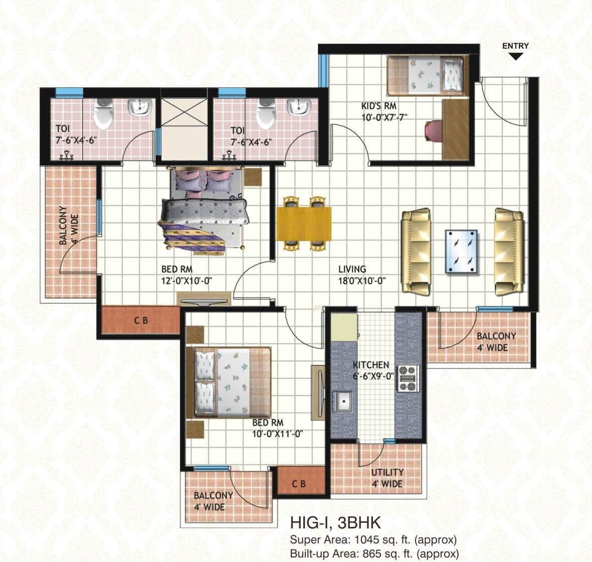 Floor plan of 2 BHK 1045 Sq. Ft. Apartment in Mahagun Mahagunpuram II, Ghaziabad