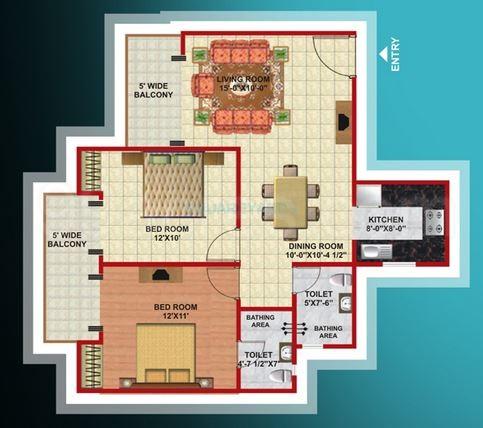 Floor plan of 2 BHK 1080 Sq. Ft. Apartment in Mahagun Mascot, Ghaziabad