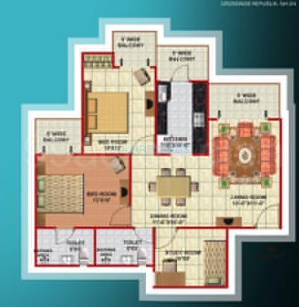 Floor plan of 3 BHK 1550 Sq. Ft. Apartment in Mahagun Mascot, Ghaziabad