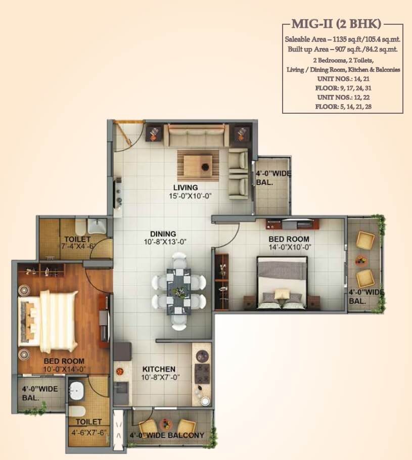 Floor plan of 2 BHK 1135 Sq. Ft. Apartment in Mahagun Montage, Ghaziabad