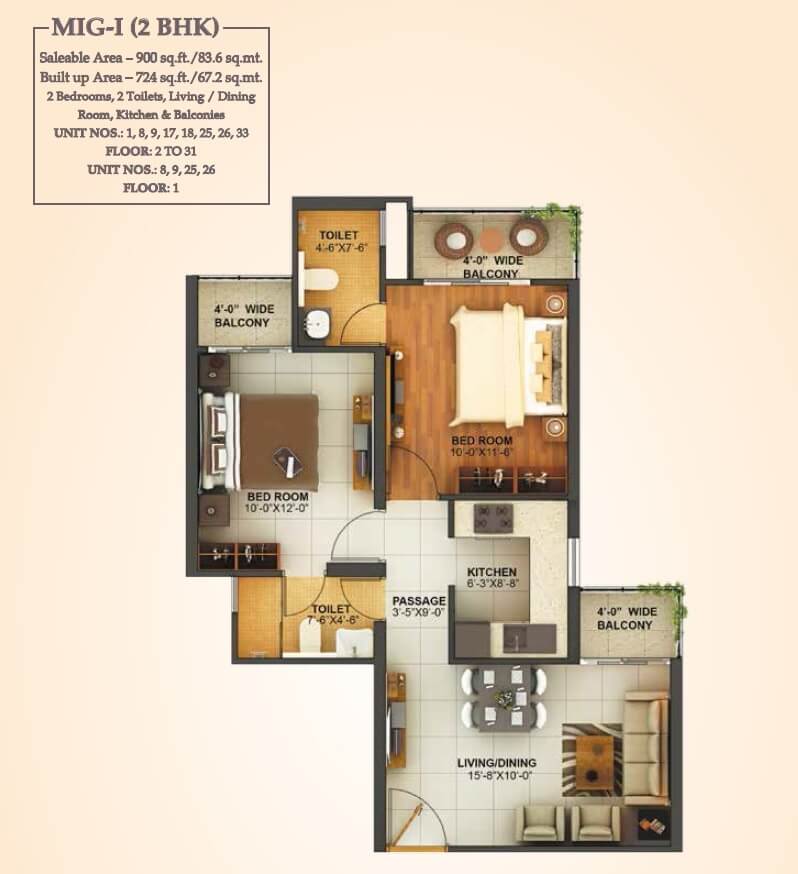 Floor plan of 2 BHK 900 Sq. Ft. Apartment in Mahagun Montage, Ghaziabad