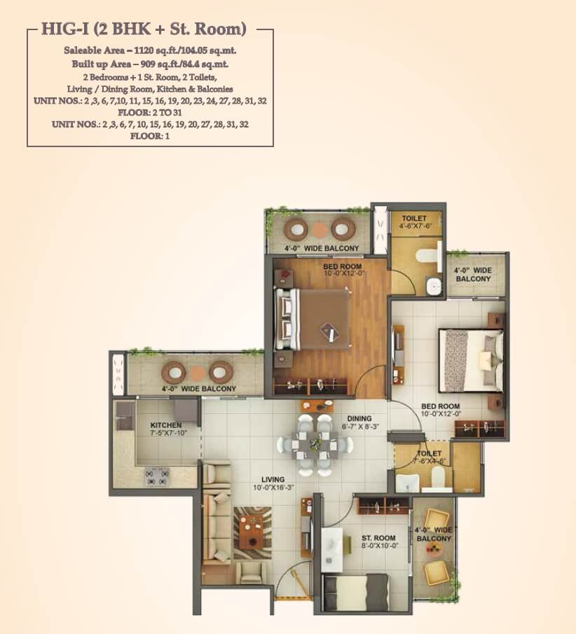 Floor plan of 2 BHK 1120 Sq. Ft. Apartment in Mahagun Montage, Ghaziabad