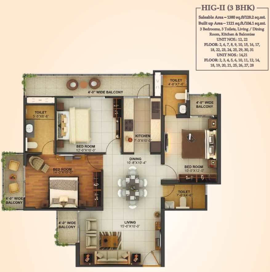 Floor plan of 3 BHK 1380 Sq. Ft. Apartment in Mahagun Montage, Ghaziabad
