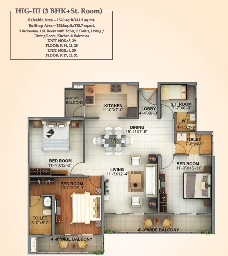 Floor plan of 3 BHK 1520 Sq. Ft. Apartment in Mahagun Montage, Ghaziabad