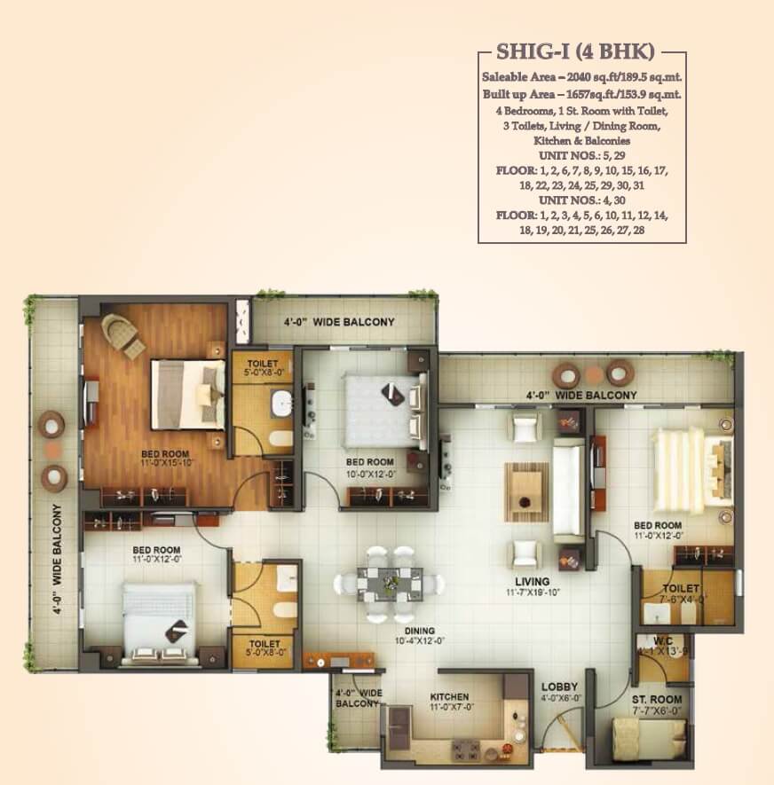 Floor plan of 4 BHK 2040 Sq. Ft. Apartment in Mahagun Montage, Ghaziabad