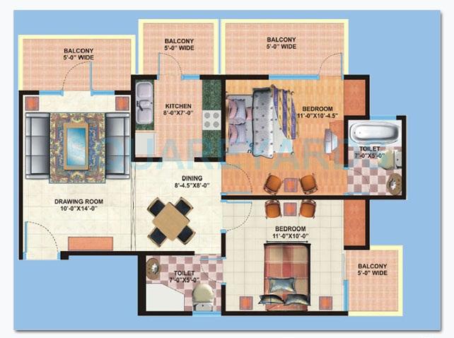Floor plan of 2 BHK 1025 Sq. Ft. Apartment in Mahagun Mosaic, Ghaziabad