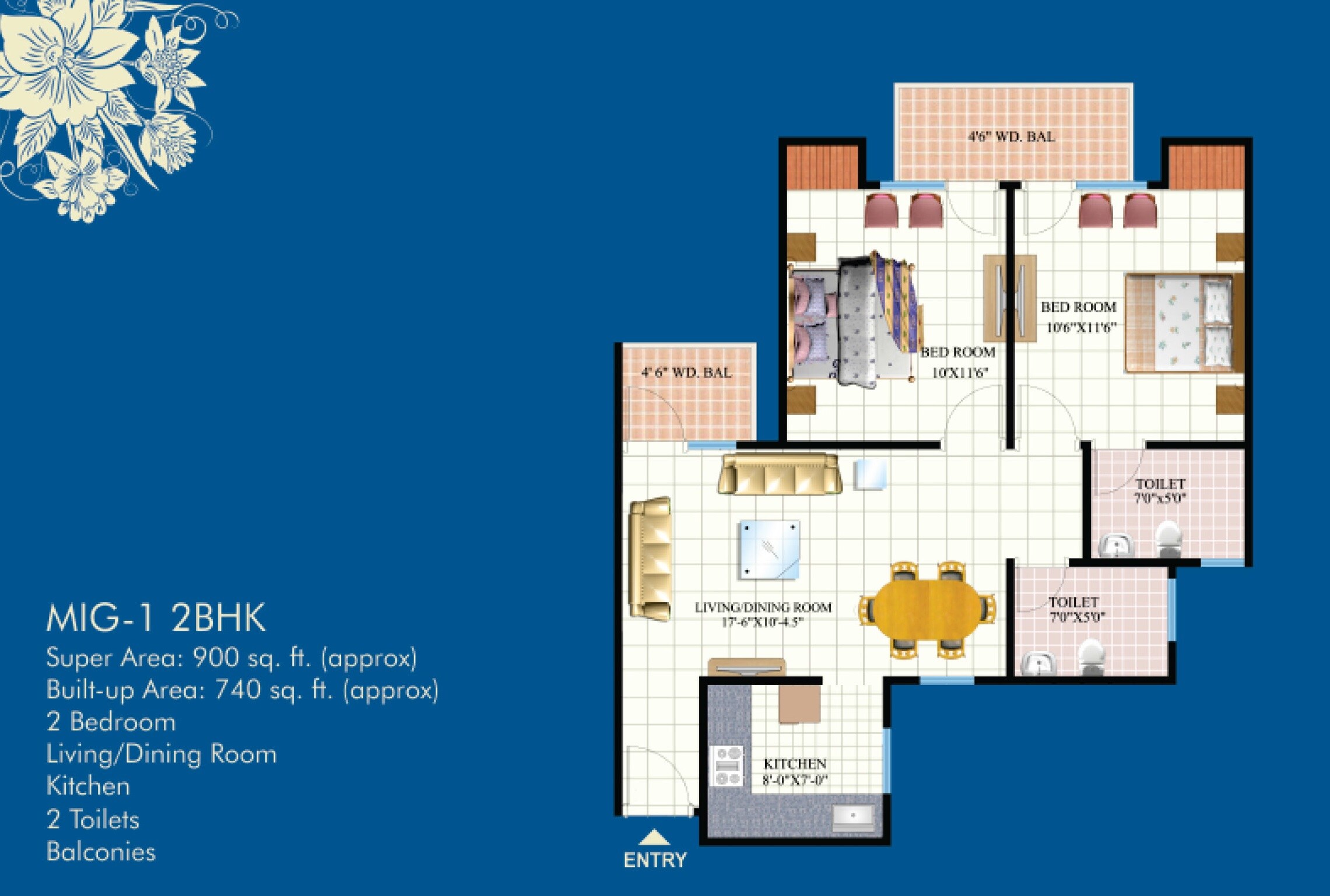 Floor plan of 2 BHK 900 Sq. Ft. Apartment in Mahagun Puram Phase I, Ghaziabad