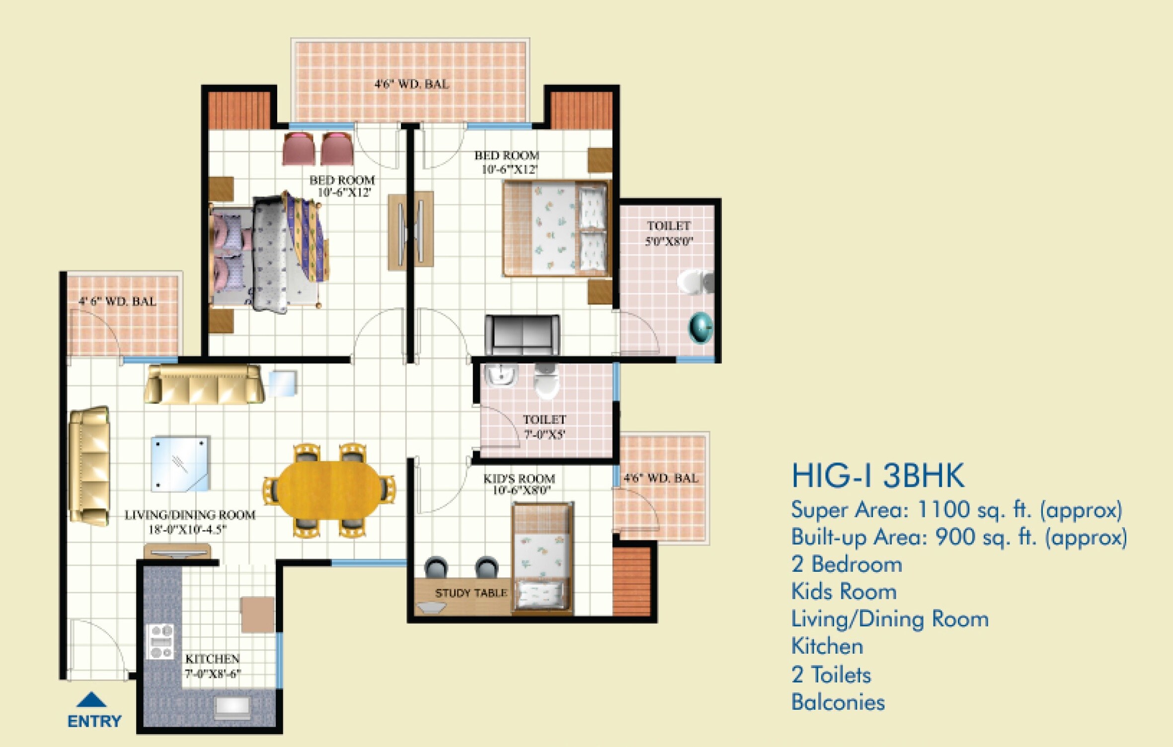 Floor plan of 3 BHK 1100 Sq. Ft. Apartment in Mahagun Puram Phase I, Ghaziabad