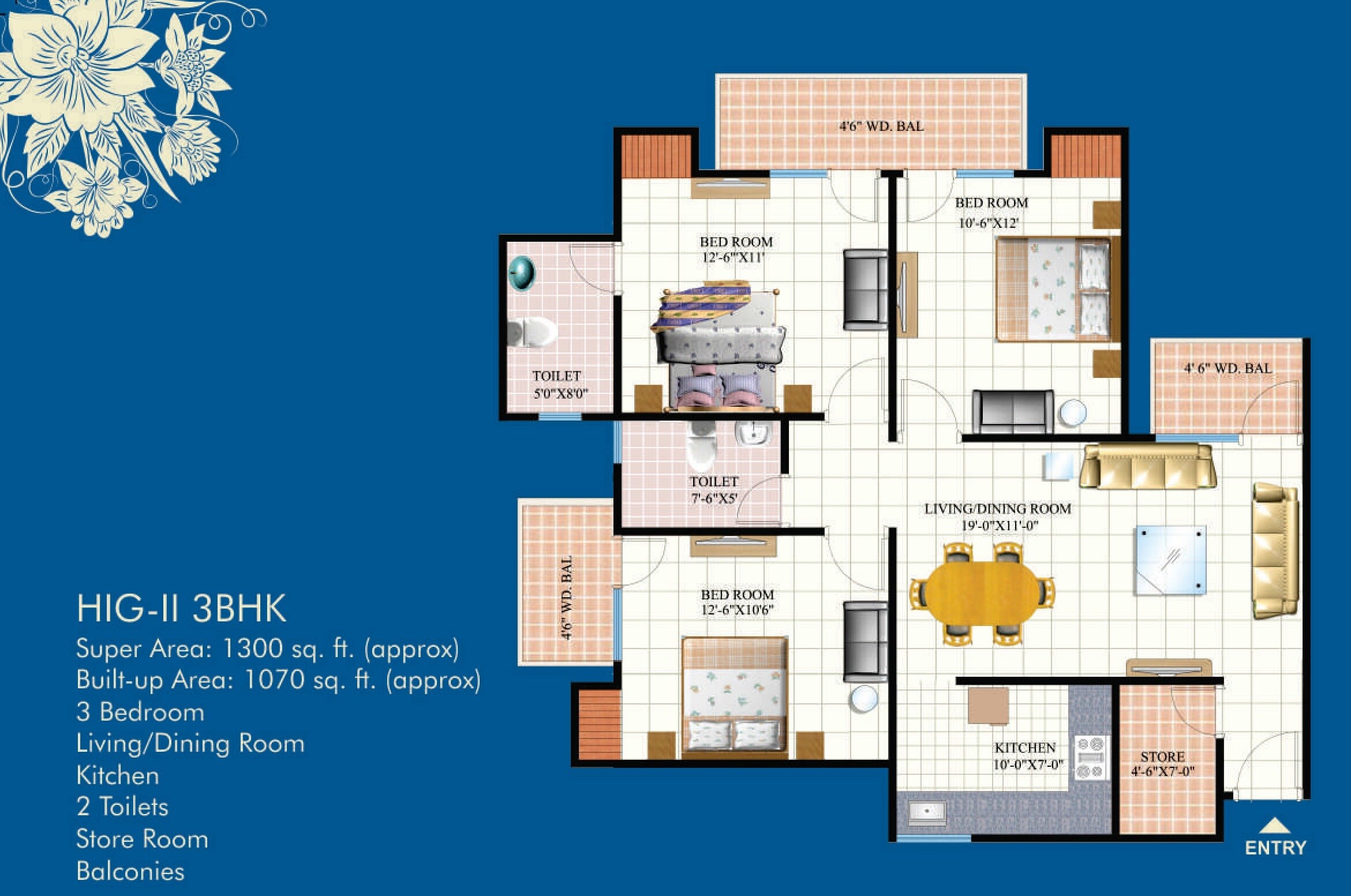 Floor plan of 3 BHK 1300 Sq. Ft. Apartment in Mahagun Puram Phase I, Ghaziabad