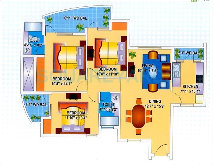Floor plan of 3 BHK 1180 Sq. Ft. Apartment in Mapsko Krishna Apra Gardens, Ghaziabad